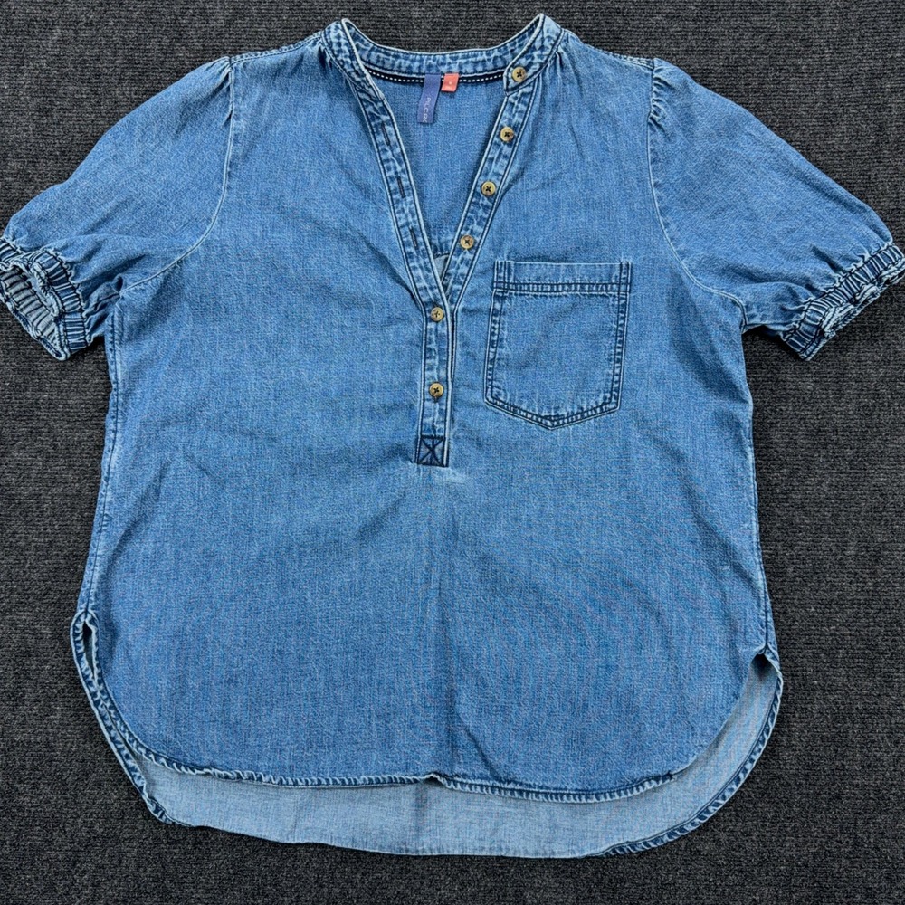Pilcro Anthropologie Denim Henley Top Puff Sleeve Cotton Medium Blue Chambray